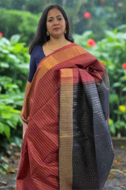 Reddish Maroon-Black Bafta Tusser weaving Art Silk Saree SAS41