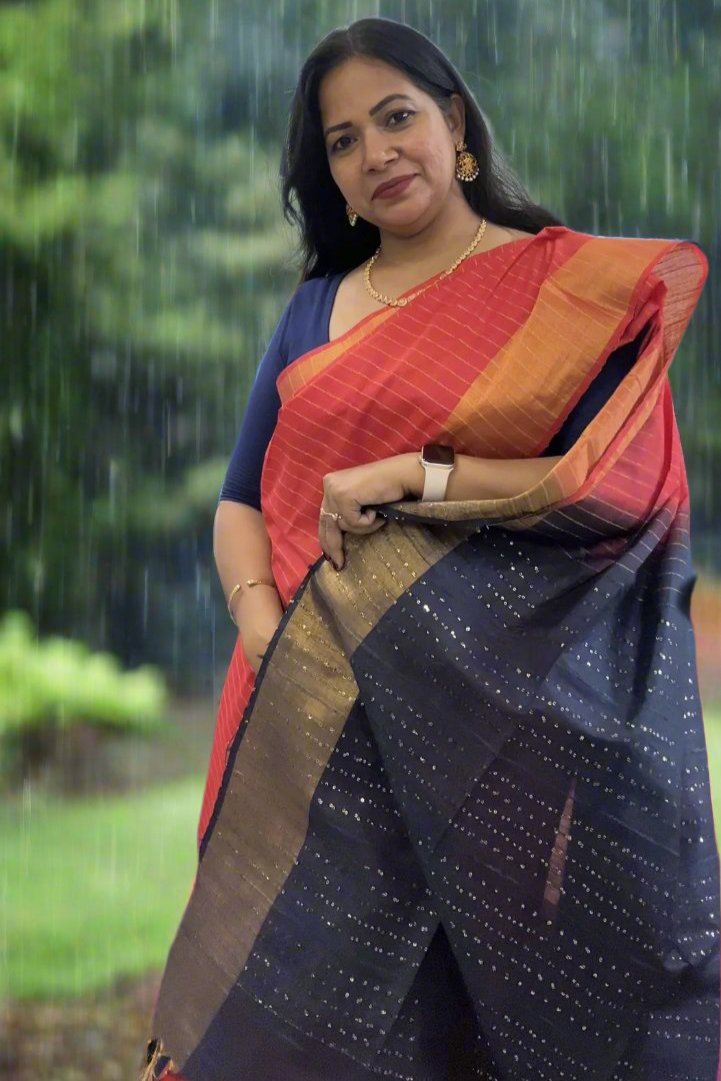 Peach Red and Dark Blue Bafta Tusser weaving Art Silk Saree SAS43