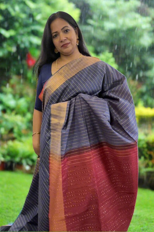 Greyish Blue and Maroon Bafta Tusser weaving Art Silk Saree SAS44