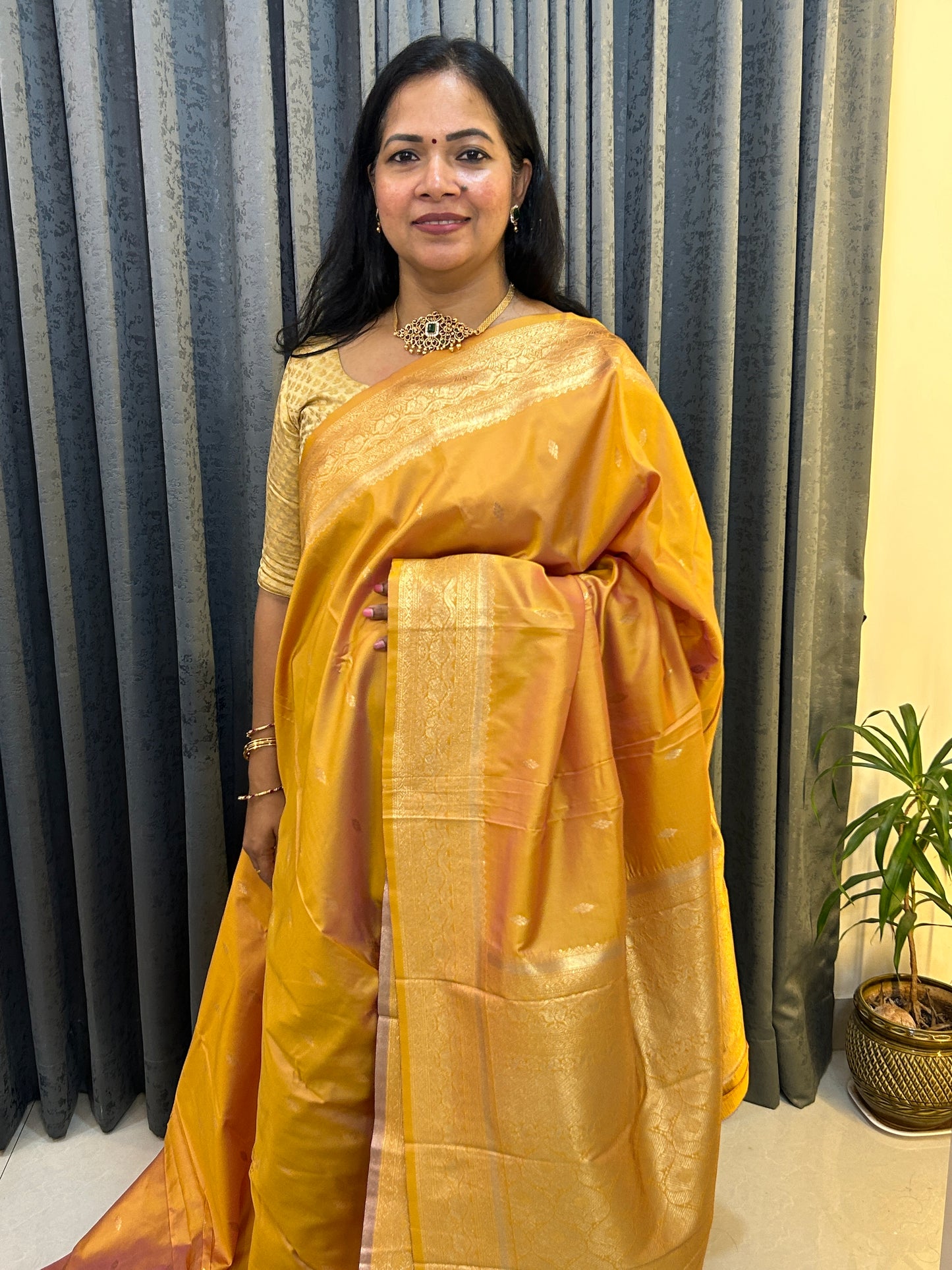 Golden Yellow Semi Silk Kanchipuram Saree with Blouse Piece SSS101