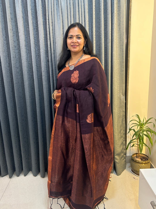 Coffee Brown Linen Pure Handloom Saree with Blouse piece SLN130