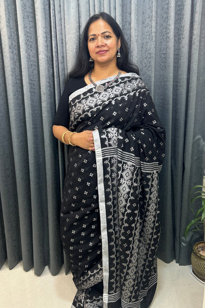 Black and Silver Khadi cotton all body weaving Pure handloom Saree with Blouse piece SKC9