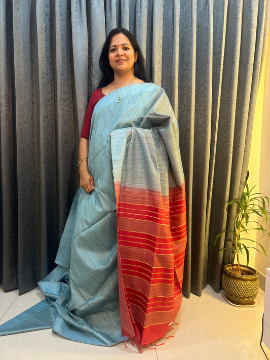 Light blue and red shaded Art tusser silk saree SAS66