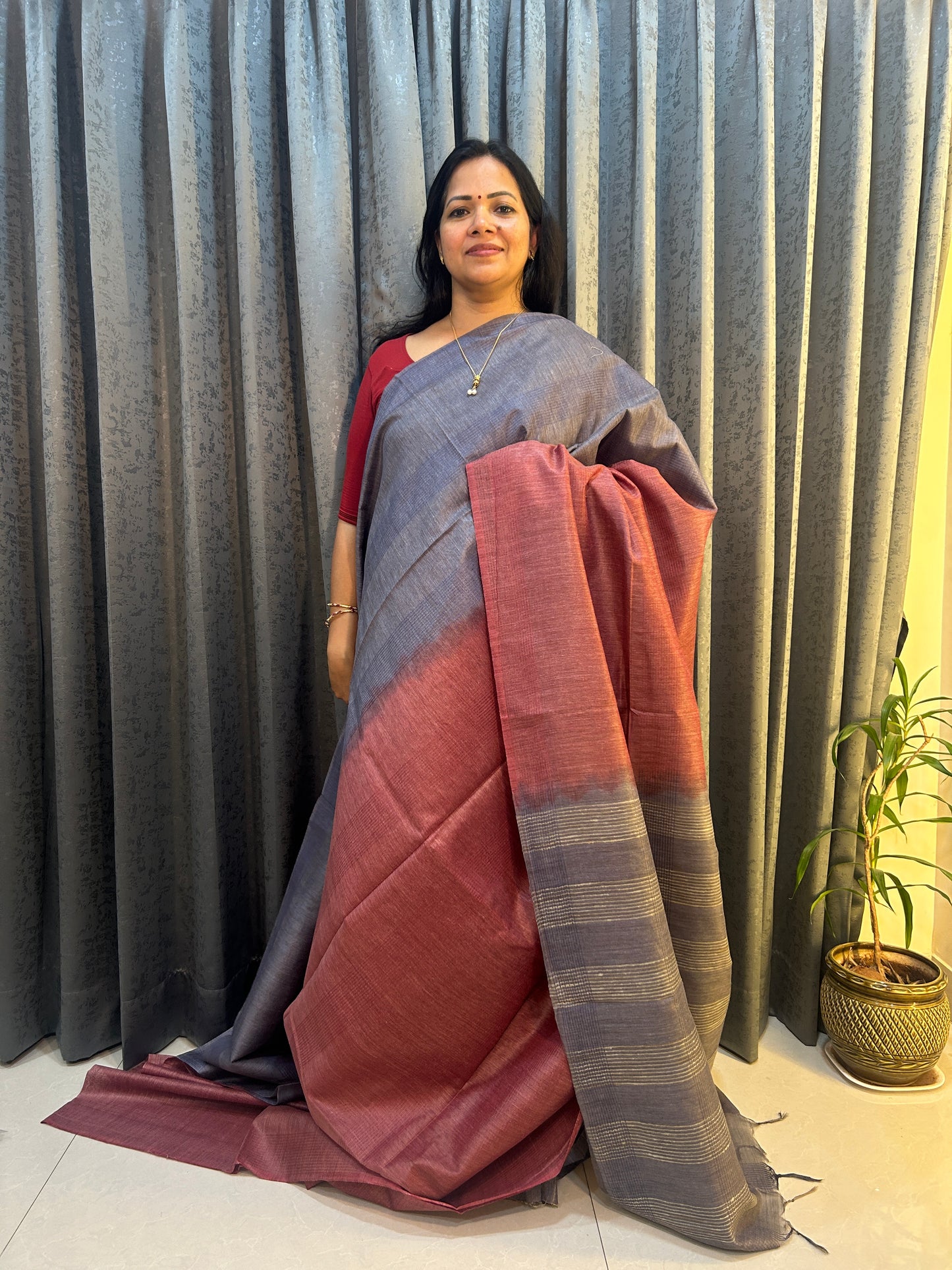 Brick red and grey shaded 8 lines shaded Art tusser silk saree SAS71