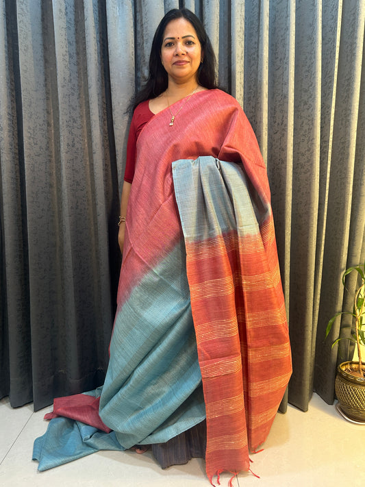 Light blue and brick red shaded 8 lines shaded Art tusser silk saree SAS72