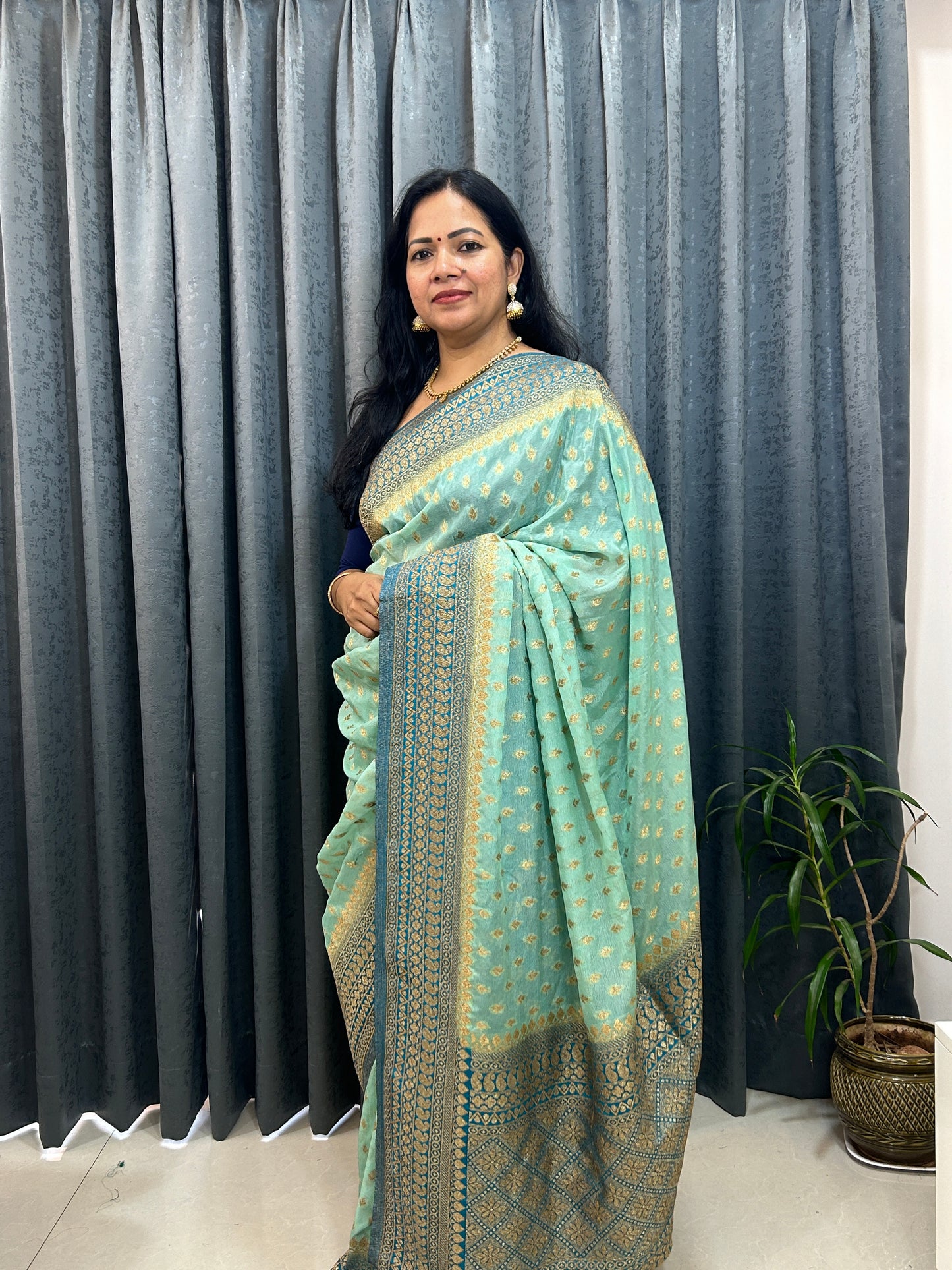 Light Green-Blue Khaddi Semi Georgette Banarasi Saree with Blouse Piece SSB85