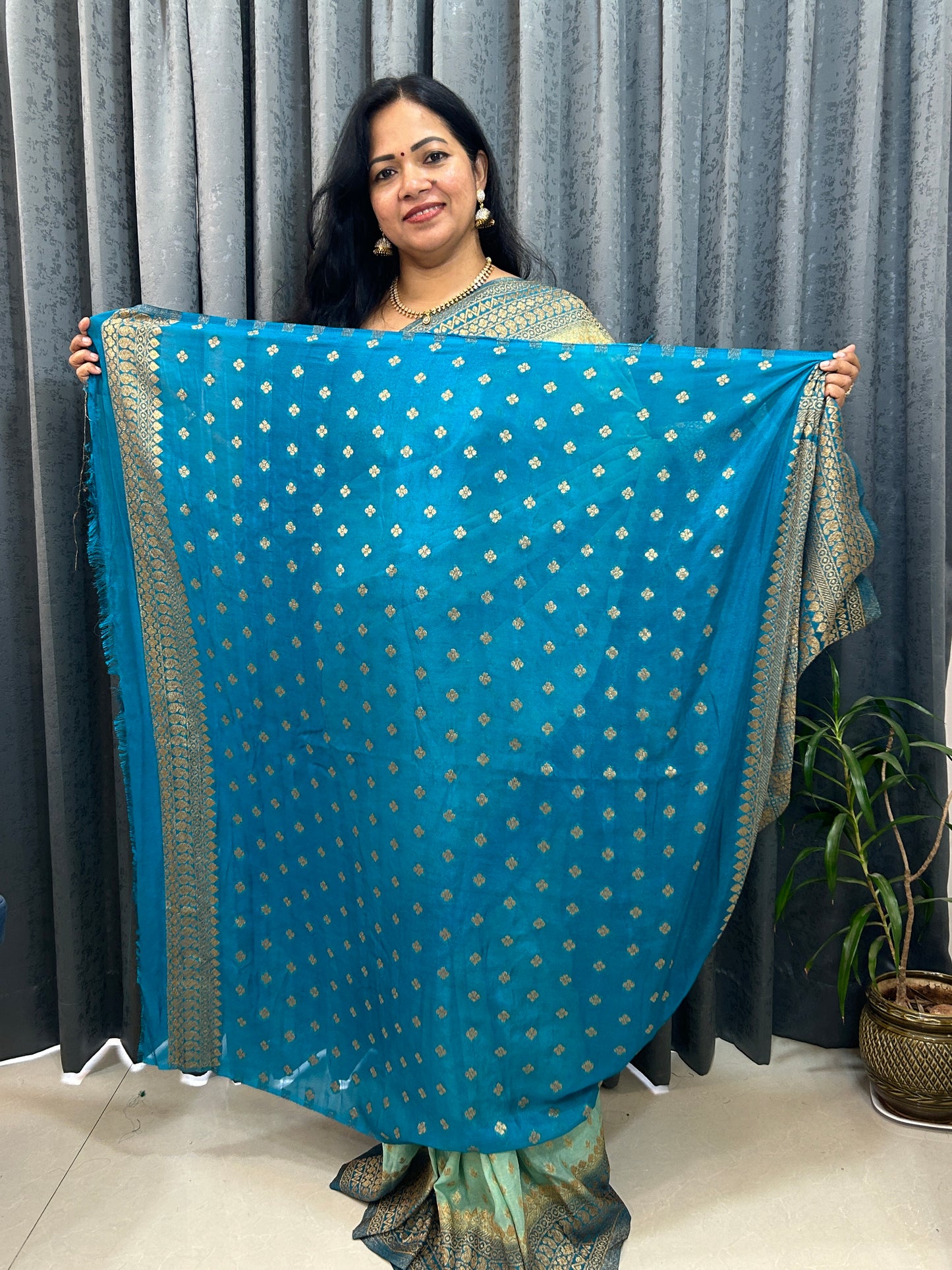 Light Green-Blue Khaddi Semi Georgette Banarasi Saree with Blouse Piece SSB85