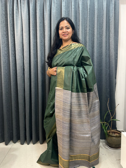 Dark Green- Grey Bafta Pure Silk with Geecha Pallu SPS110