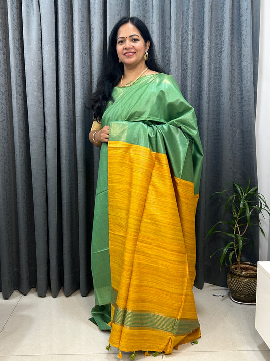 Parrot green- Mango yellow Bafta Pure Silk with Geecha Pallu SPS113