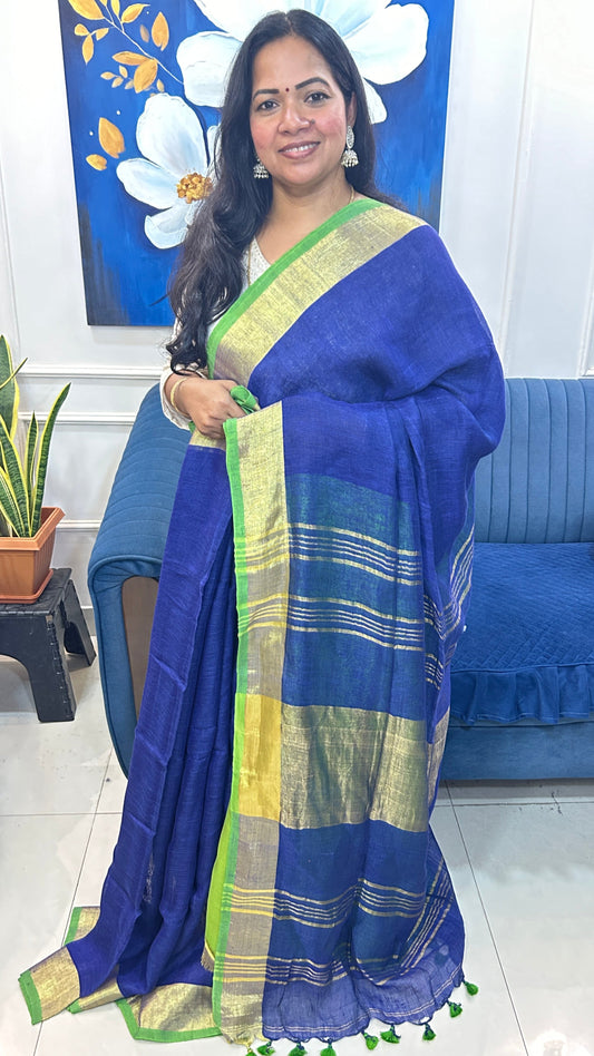 Blue-Green Linen Pure Handloom Saree with Blouse Piece SLN32