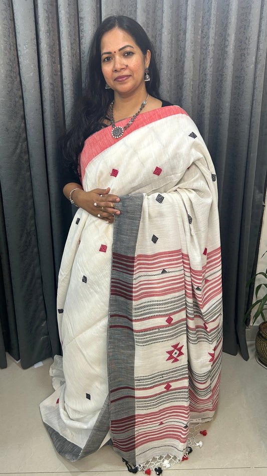 White-Red-Black Khadi Cotton all over thread butta  Pure Handloom Saree with Blouse piece SKC15