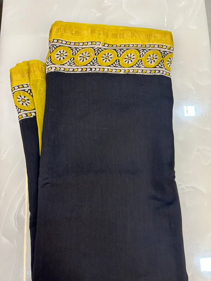 Yellow and Black Bagru Pure Handblock print Maheshwari Cotton Silk Sarees SMCS133