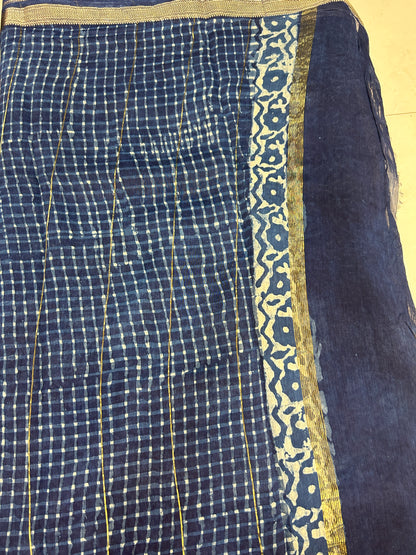 Indigo  Bagru Pure Handblock print Maheshwari Cotton Silk Sarees SMCS136