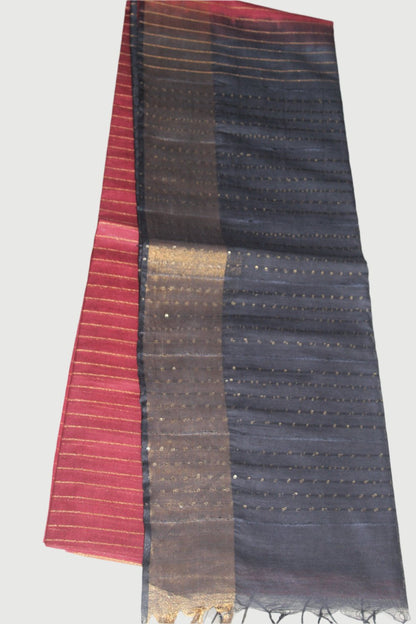 Reddish Maroon-Black Bafta Tusser weaving Art Silk Saree SAS41