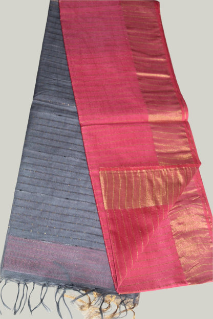 Peach Red and Dark Blue Bafta Tusser weaving Art Silk Saree SAS43