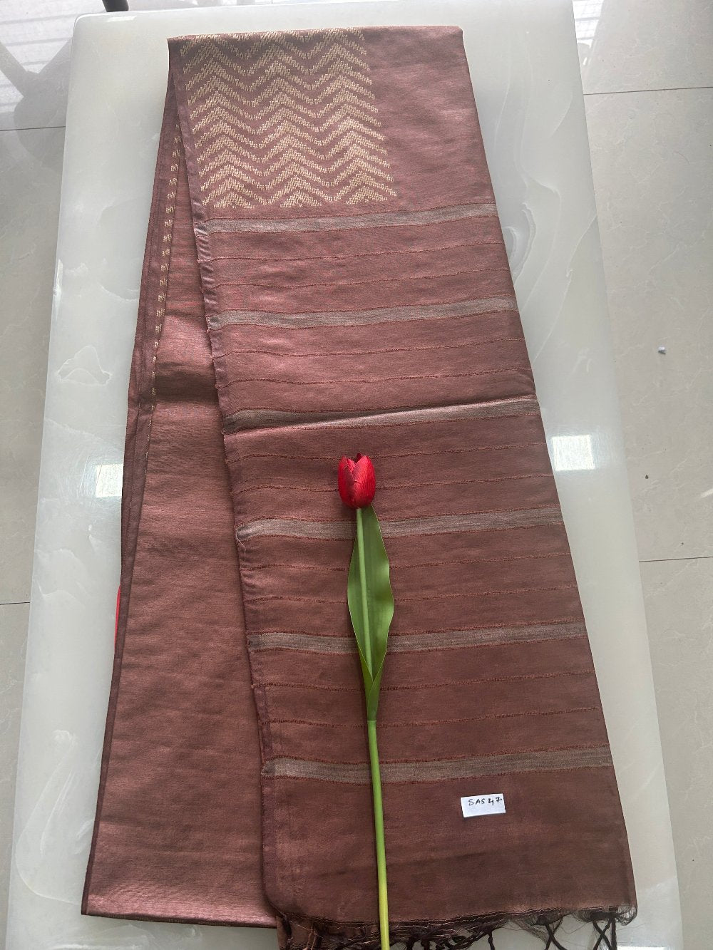 Coffee Brown  Zig Zag Zari butti  weaving Art  Tusser Saree SAS47