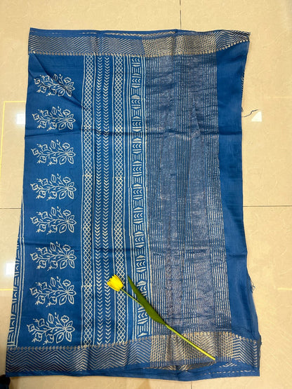 Blue block print Zari border Art Maheshwari silk saree  SAS52