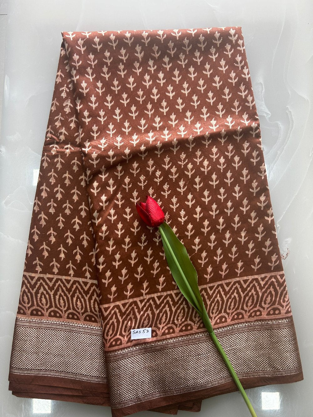 Coffee brown block print Zari border Art Maheshwari silk saree  SAS53