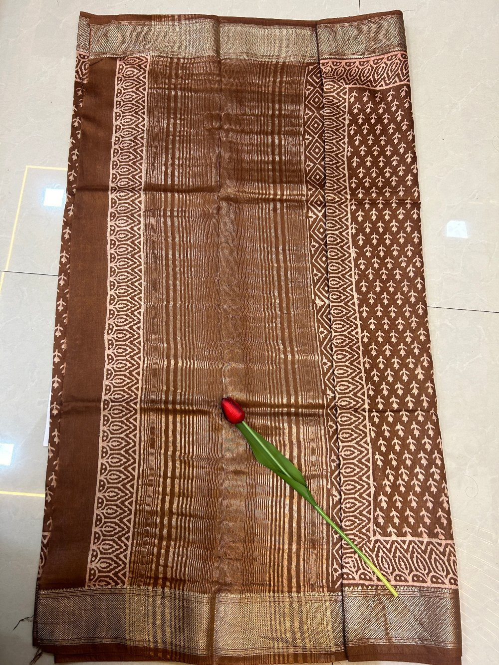 Coffee brown block print Zari border Art Maheshwari silk saree  SAS53