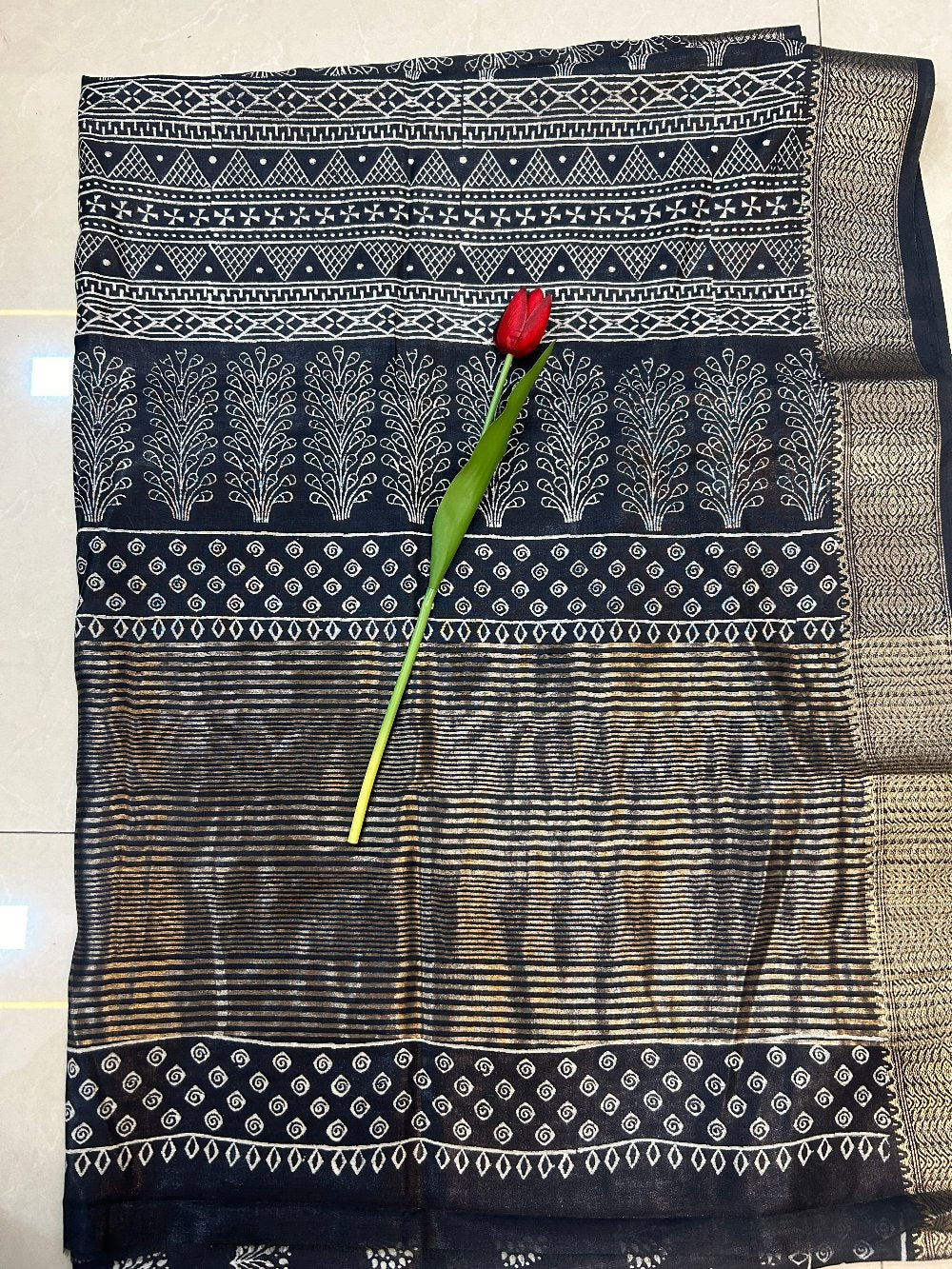 Black block print Zari border Art Maheshwari silk saree  SAS54