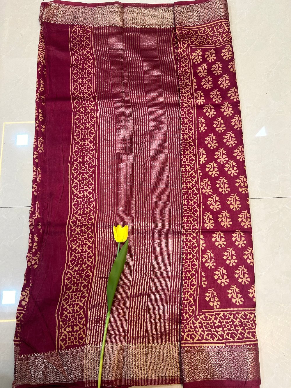 Reddish Maroon block print Zari border Art Maheshwari silk saree  SAS55