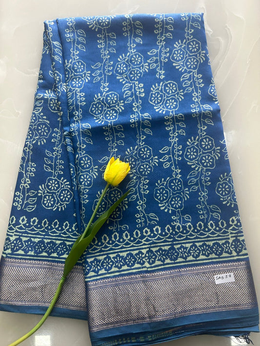 Blue block print Zari border Art Maheshwari silk saree  SAS57