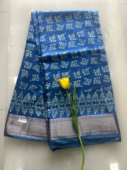 Blue block print Zari border Art Maheshwari silk saree  SAS58