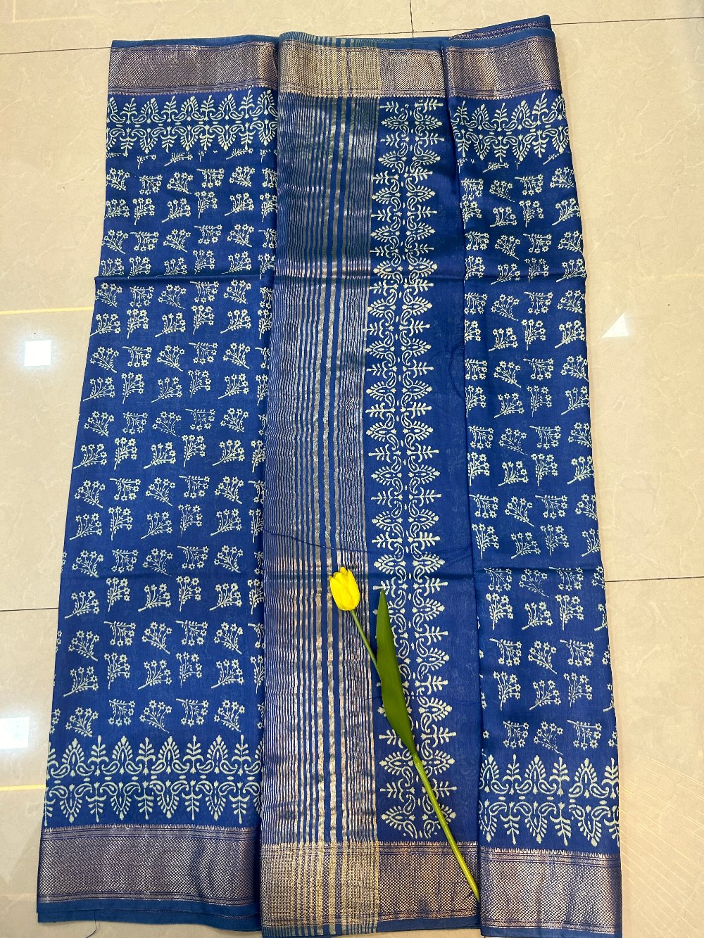 Blue block print Zari border Art Maheshwari silk saree  SAS58