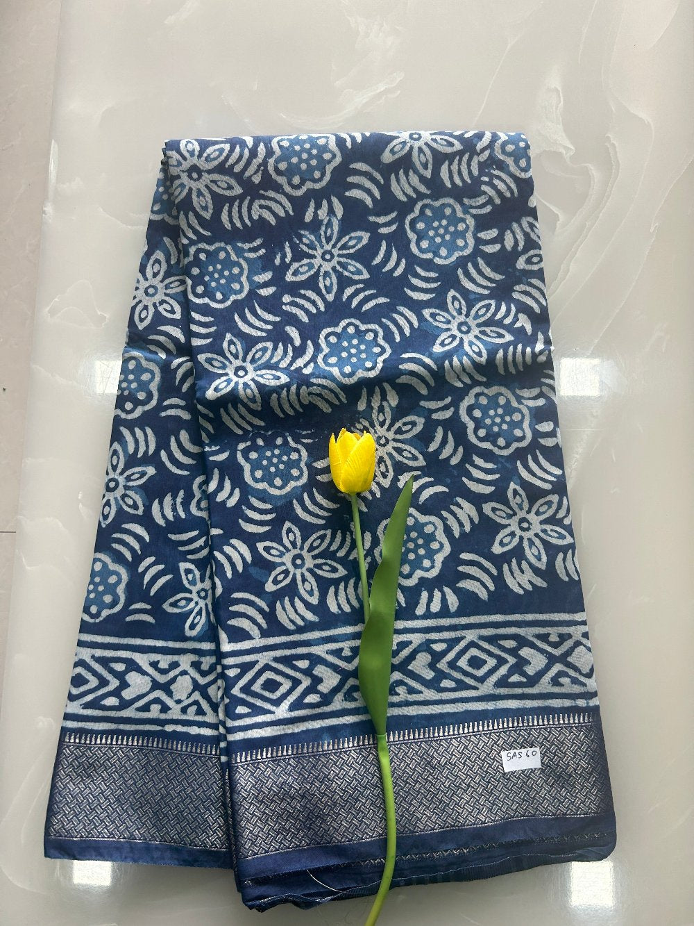 Indigo Blue Dabu print  Zari border Art Maheshwari silk saree  SAS60