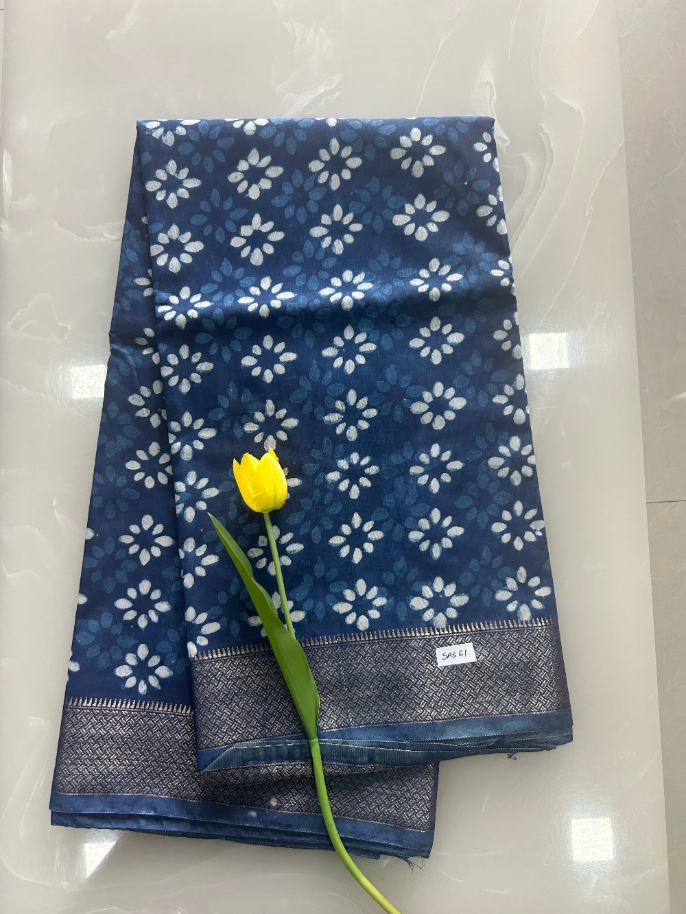 Indigo Blue Dabu print  Zari border Art Maheshwari silk saree  SAS61