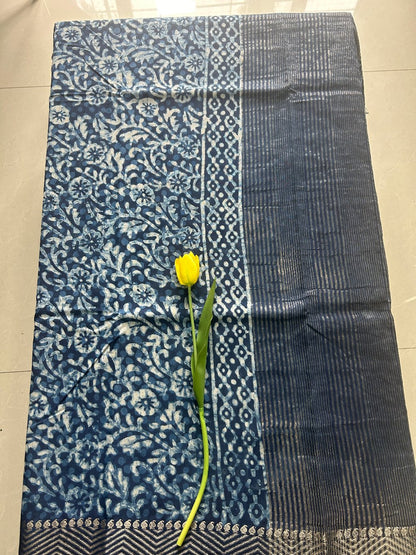 Indigo Blue Dabu print  Zari border Art Maheshwari silk saree  SAS62