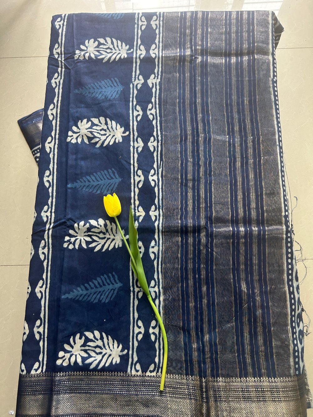 Indigo Blue Dabu print  Zari border Art Maheshwari silk saree  SAS63