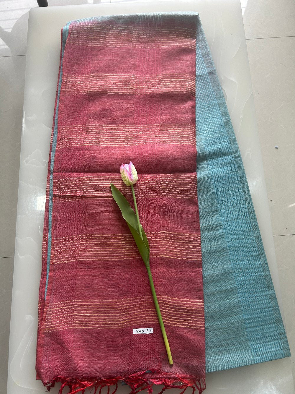 Light blue and brick red shaded 8 lines shaded Art tusser silk saree SAS72