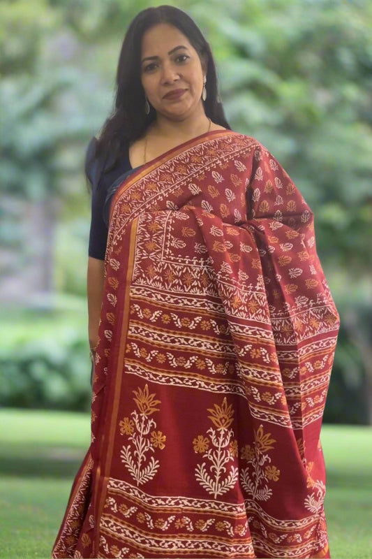 Reddish maroon double block print handloom Art silk saree SAS75