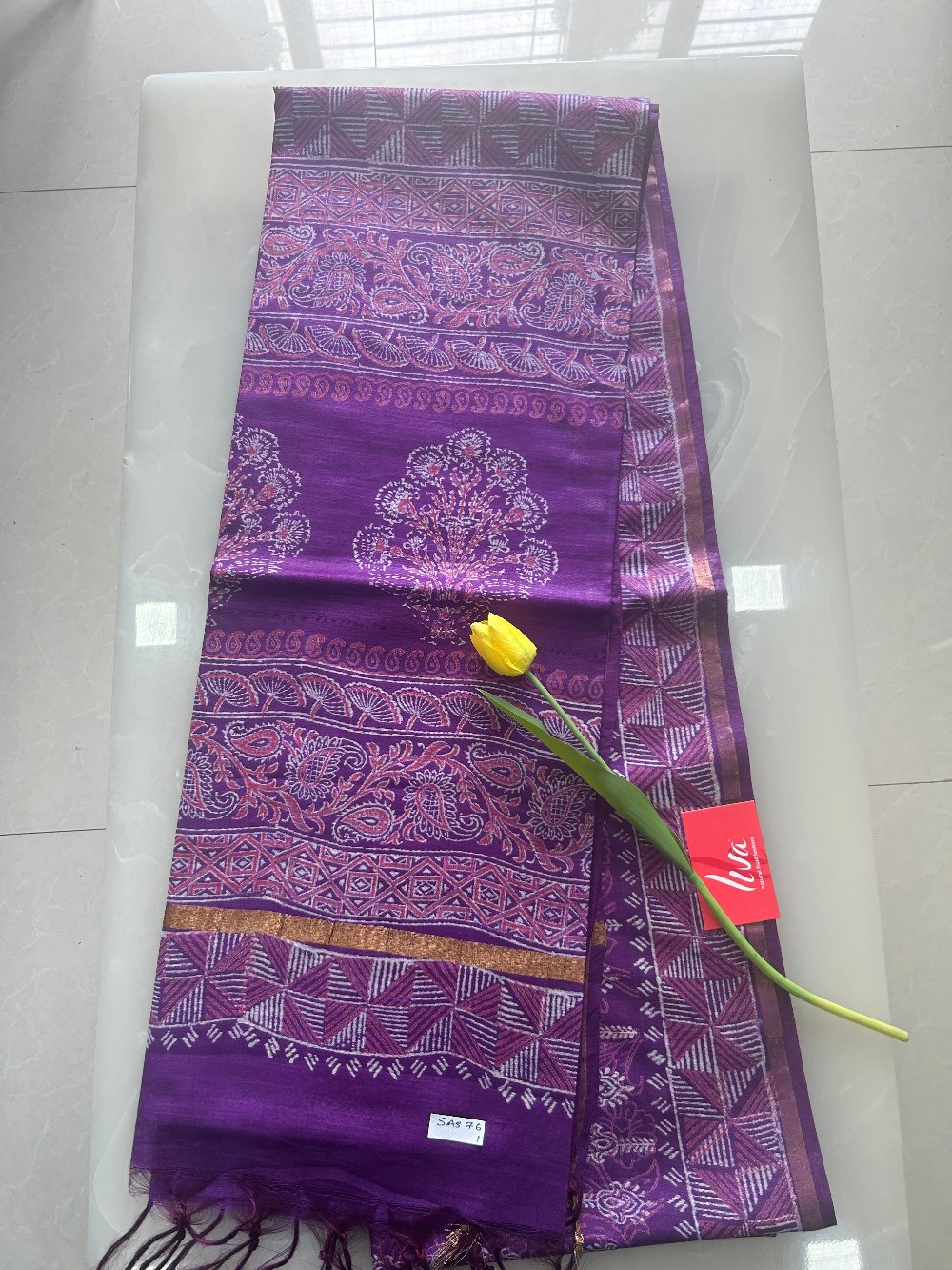 Violet double block print handloom Art silk saree SAS76