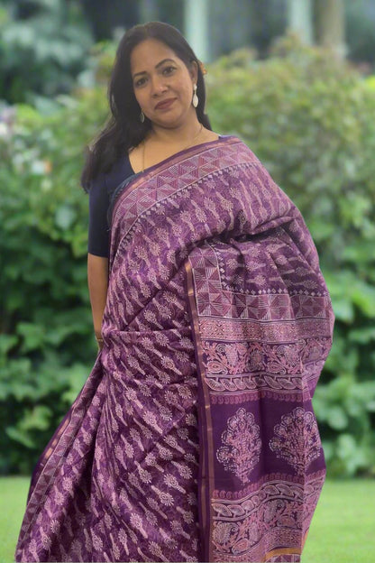 Violet double block print handloom Art silk saree SAS76