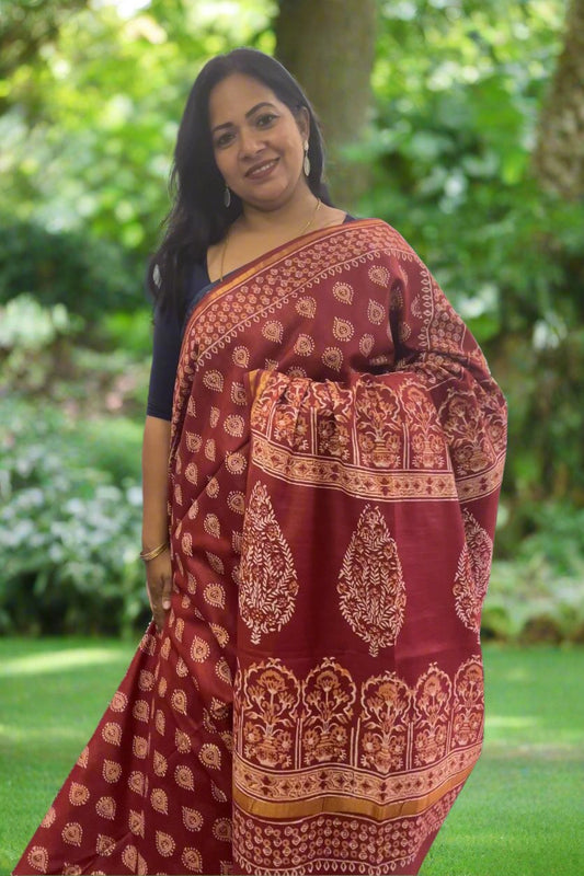 Red  double block print handloom Art silk saree SAS77