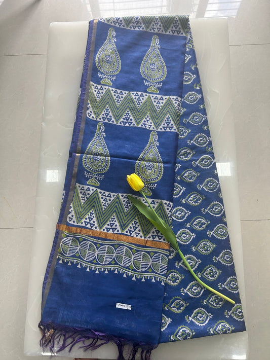 Blue and green double block print handloom Art silk saree SAS78