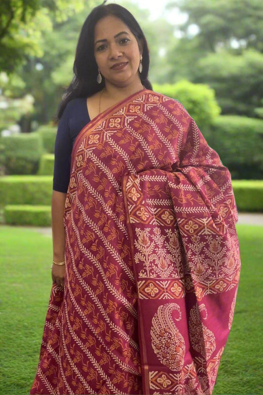 Pinkish red double  block print handloom Art silk saree SAS79