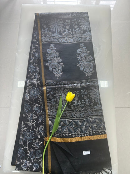 Black and grey double block print handloom Art silk saree SAS80