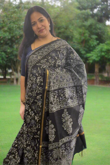 Black and grey double block print handloom Art silk saree SAS80