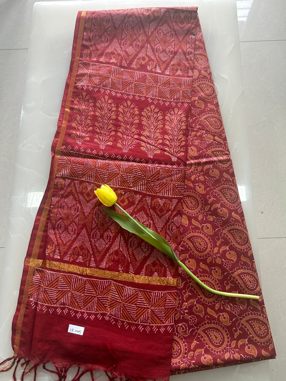 Red double block print handloom Art silk saree SAS81