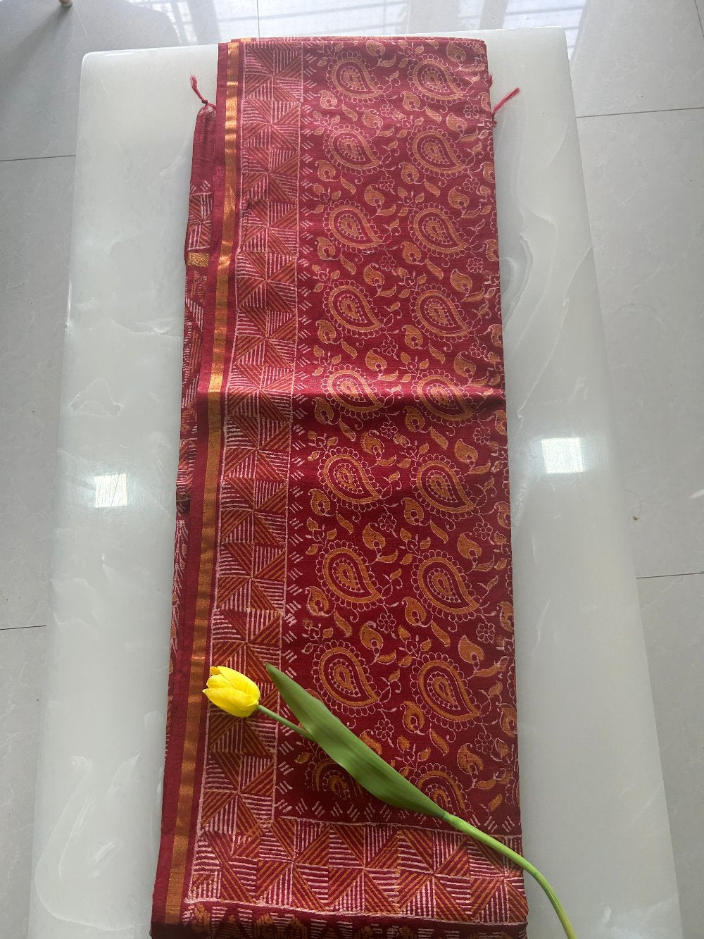 Red double block print handloom Art silk saree SAS81