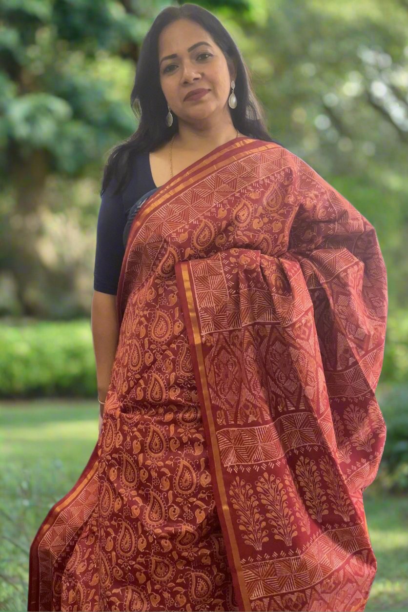 Red double block print handloom Art silk saree SAS81