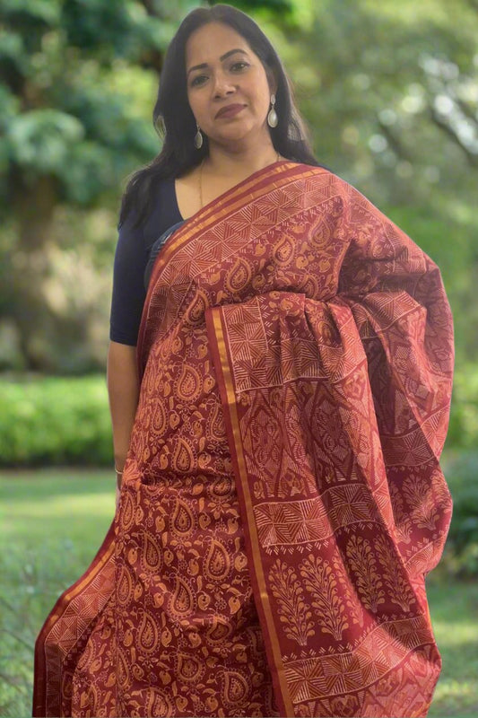 Red double block print handloom Art silk saree SAS81