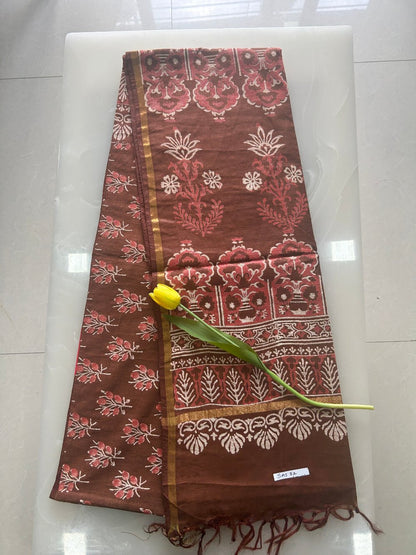 Coffee brown double block print handloom Art silk saree SAS82