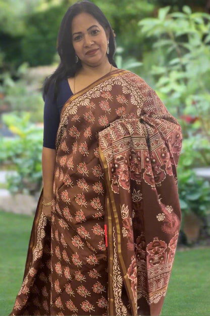 Coffee brown double block print handloom Art silk saree SAS82