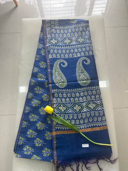 Blue and green double block print handloom Art silk saree SAS83