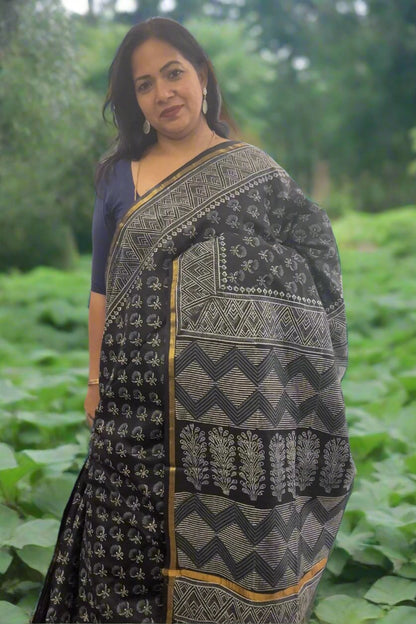 Black and grey double block print handloom Art silk saree SAS84