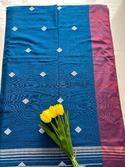 Blue and Red Khadi cotton all over thread butta  Pure Handloom Saree with Blouse piece SKC14